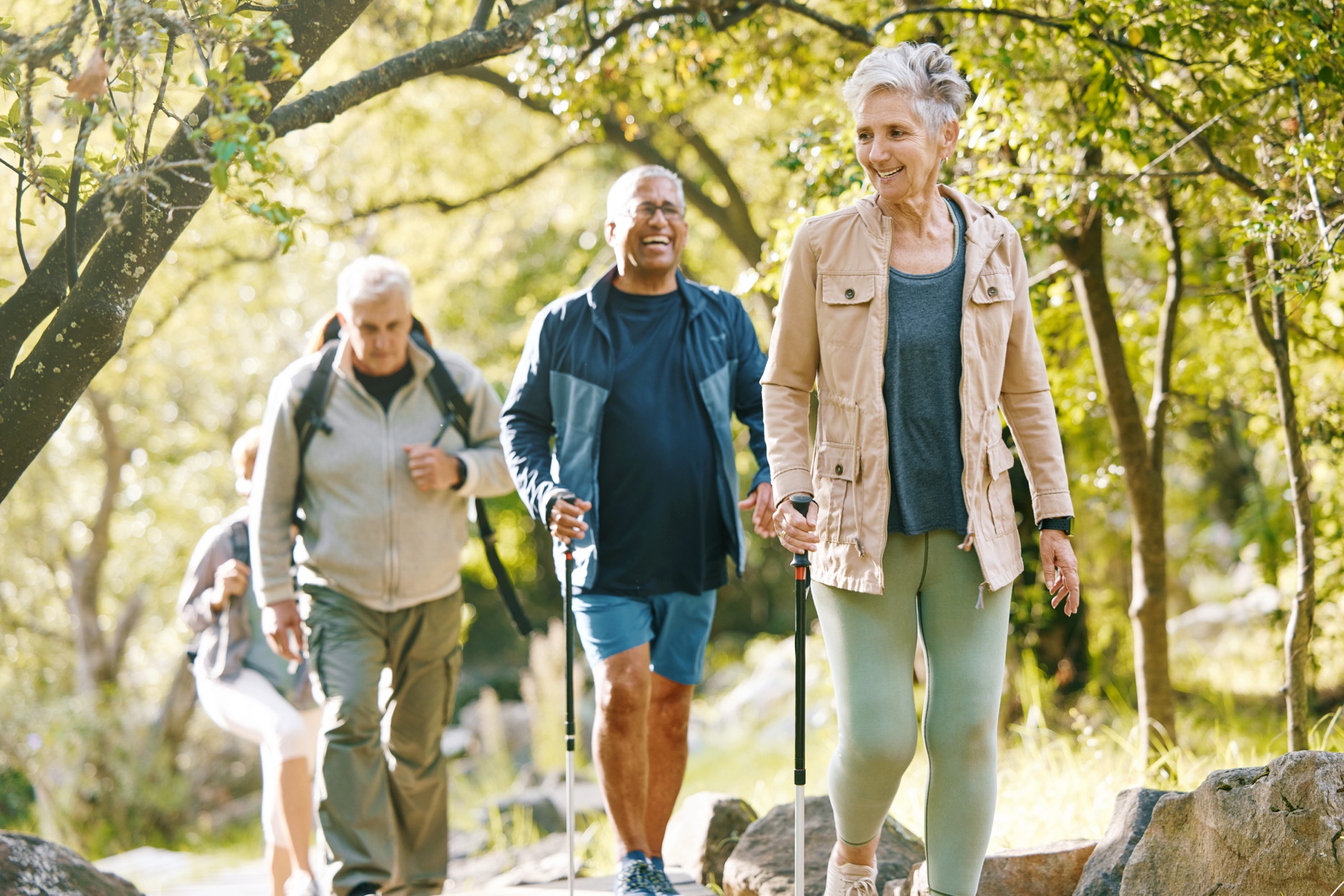 Group of active older adults hiking on a forest trail